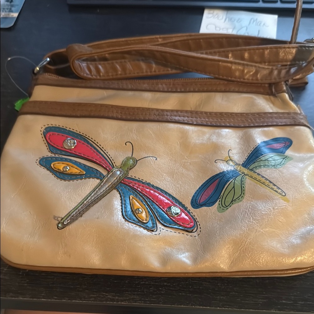 Artistic Tan and Red Crossbody Bag with Dragonfly Design
